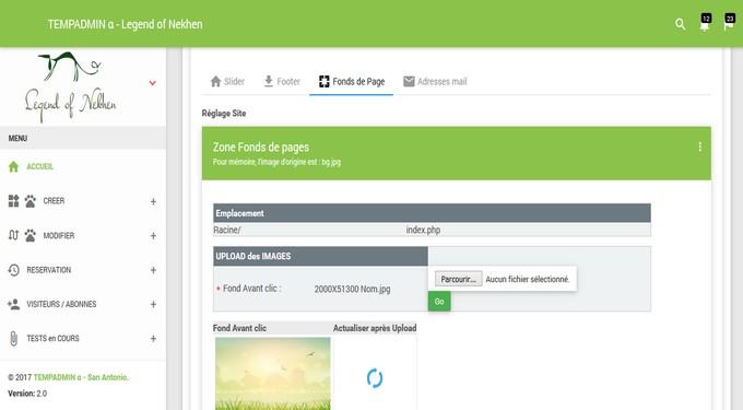 Zone Admin réglages du site