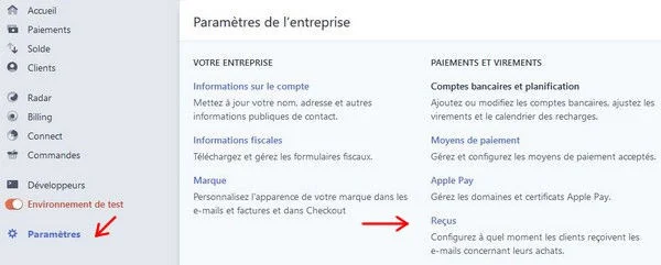 stripe paramètres entreprise